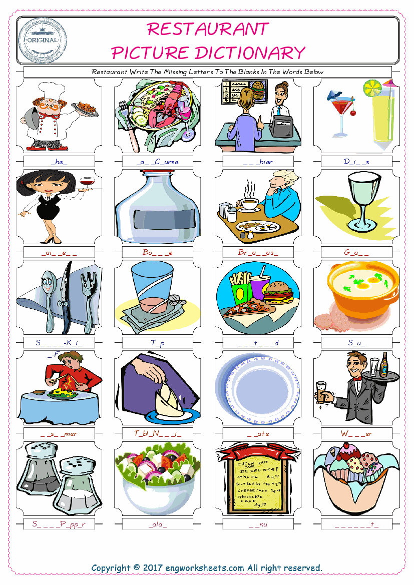  Restaurant Words English worksheets For kids, the ESL Worksheet for finding and typing the missing letters of Restaurant Words 